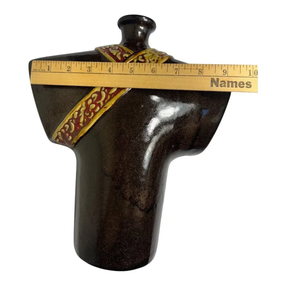 Vintage Kimono-Inspired Ceramic Abstract Vase W/ Ornate Red & Gold Detailing 12”